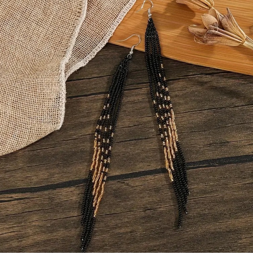 Black and Gold Boho Beaded Drop Earrings | Dangle Earrings | Boho Jewelry